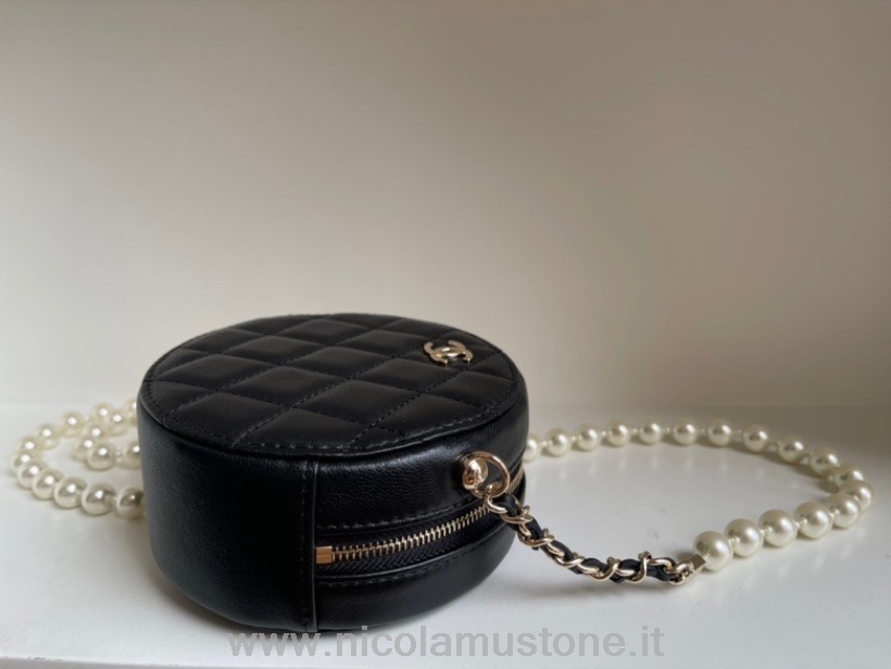 Original Qualität Chanel Perlenkette Runde Geldbörse Tasche 12cm Genarbtes Kalbsleder Gold Hardware Kollektion Frühjahr/sommer 2022 Schwarz