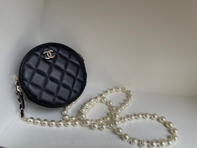Original Qualität Chanel Perlenkette Runde Geldbörse Tasche 12cm Genarbtes Kalbsleder Gold Hardware Kollektion Frühjahr/sommer 2022 Schwarz