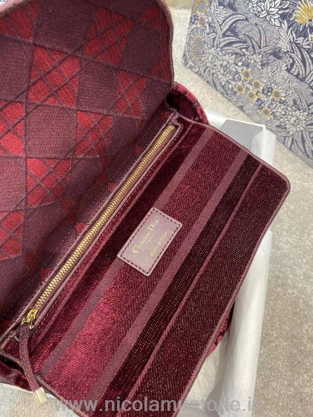 Original Qualität Christian Dior D-Lite Lady Dior Tasche 24cm Samt Bestickte Leinwand Gold Hardware Herbst/Winter 2020 Kollektion Burgund
