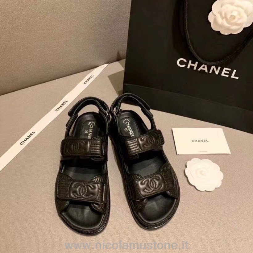 Original Qualität Chanel Sandalen Mit Klettverschluss Kalbsleder Kollektion Frühjahr/sommer 2020 Schwarz