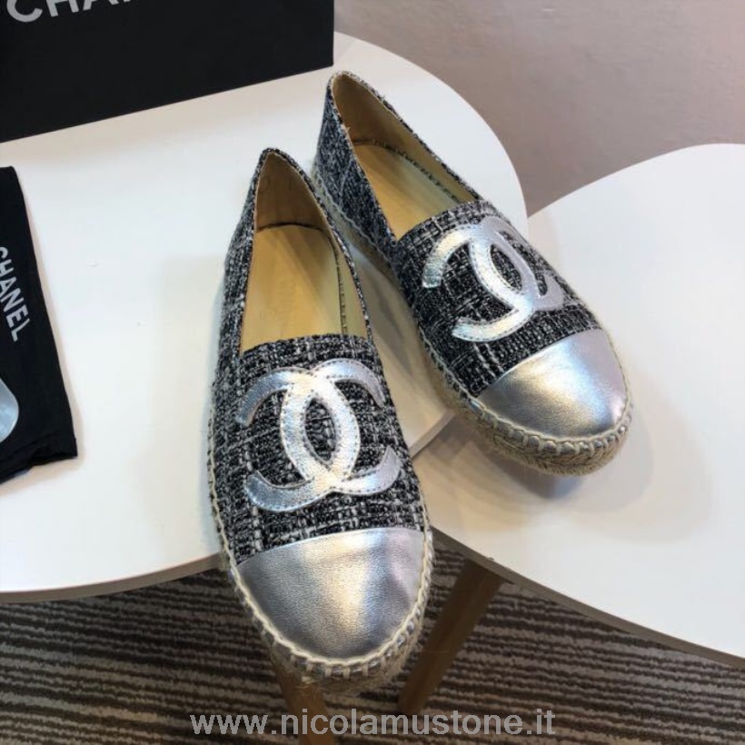 Original Qualität Chanel Mehrfarbige Tweed Espadrilles Mit Metallischer Lammfellkappe Frühjahr/sommer 2017 Kollektion Akt 2 Schwarz/grau