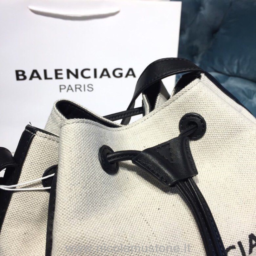 Balenciaga Bucket Bag In Originalqualität Canvas-Einkaufstasche Mit Lederbesatz 25 Cm Frühjahr/Sommer 2019 Kollektion Weiß/Schwarz
