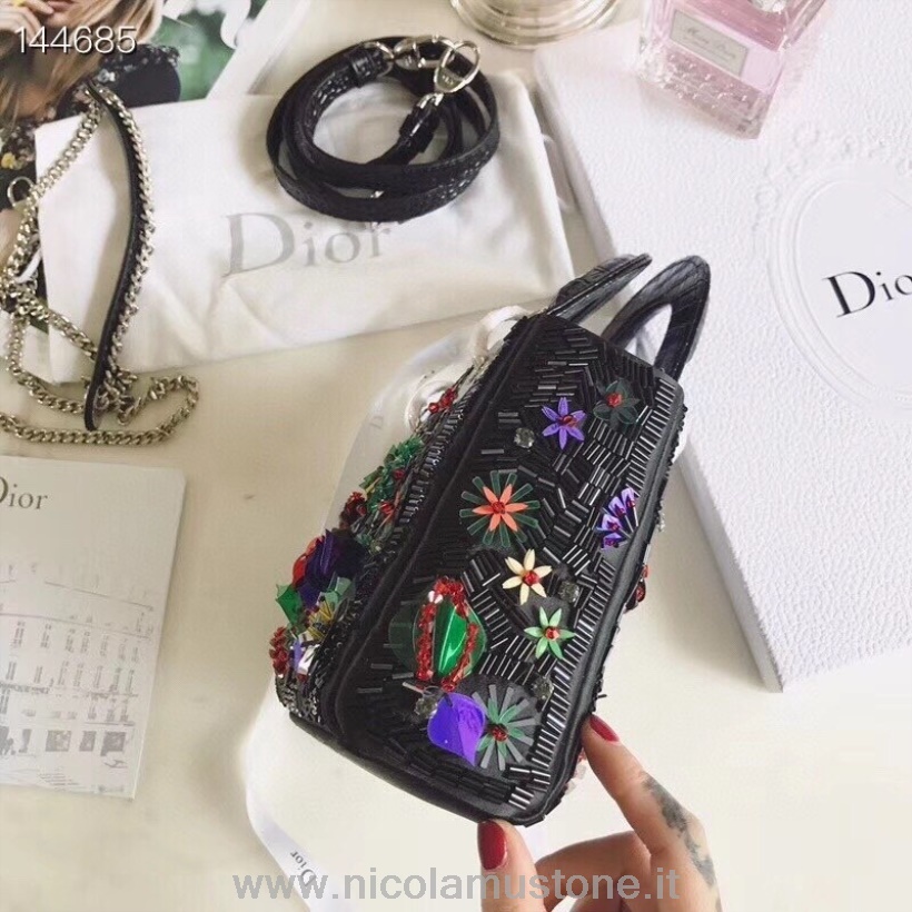 Original Qualität Christian Dior Lady Dior Tasche 18cm Floral Besticktes Kalbsleder Schwarz