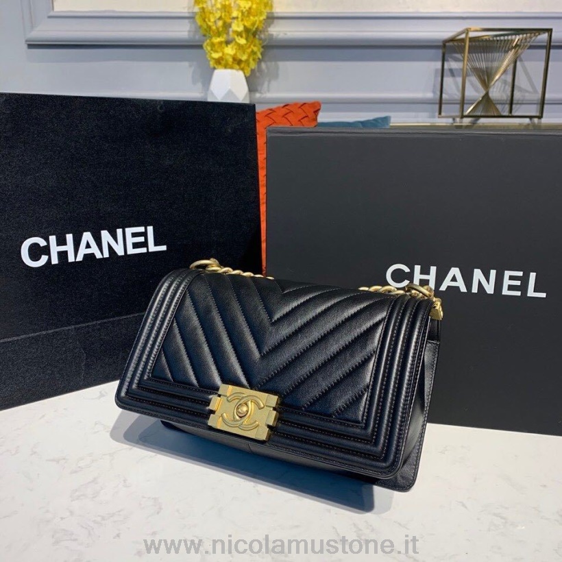 Original Qualität Chanel Chevron Boy Bag 25cm Lammleder Antik Gold Hardware Herbst/winter 2019 Akt 1 Kollektion Schwarz