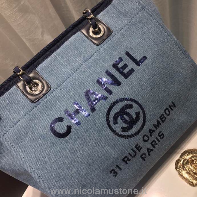 Original Qualität Chanel Deauville Tote 34cm Canvas Bag Frühjahr/sommer Kollektion 2019 Hellblau/pailletten//multi