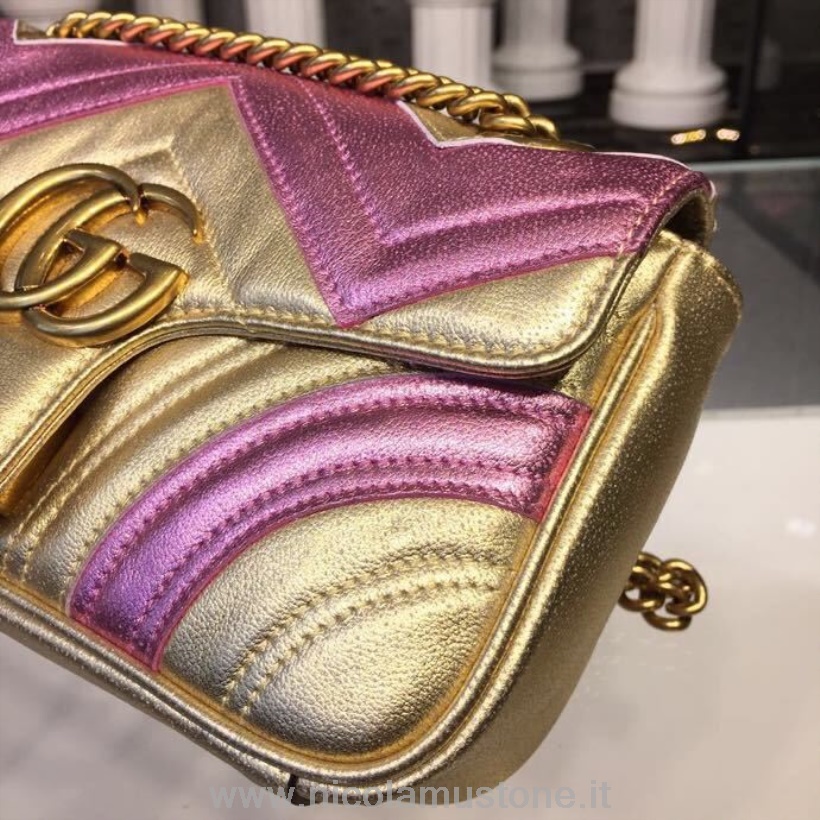Original Qualität Gucci GG Marmont Matelasse Mini Tasche 22cm Kalbsleder 446744 Frühjahr/Sommer 2019 Kollektion Pink/Gold Metallic