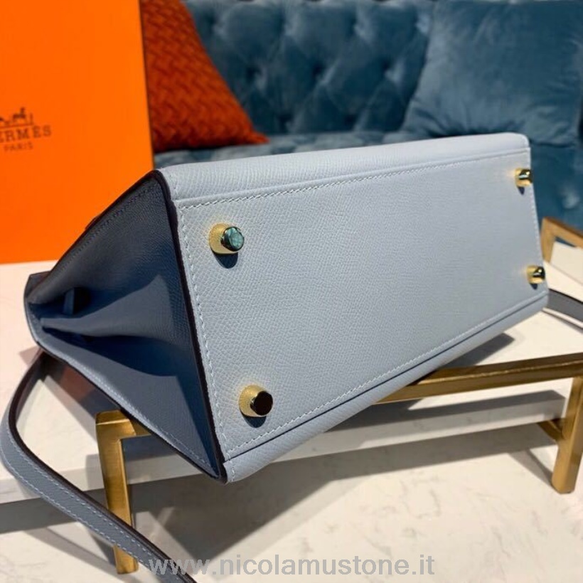Hermes Kelly 25cm Epsom-Tasche In Originalqualität Halbhandgenähte Goldene Hardware Blaues Lin