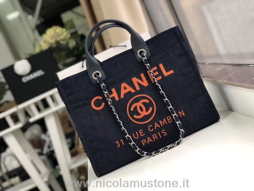 Original Qualität Chanel Deauville Tote 38cm Denim Canvas Tasche Herbst/winter Kollektion 2019 Denim Blau/orange