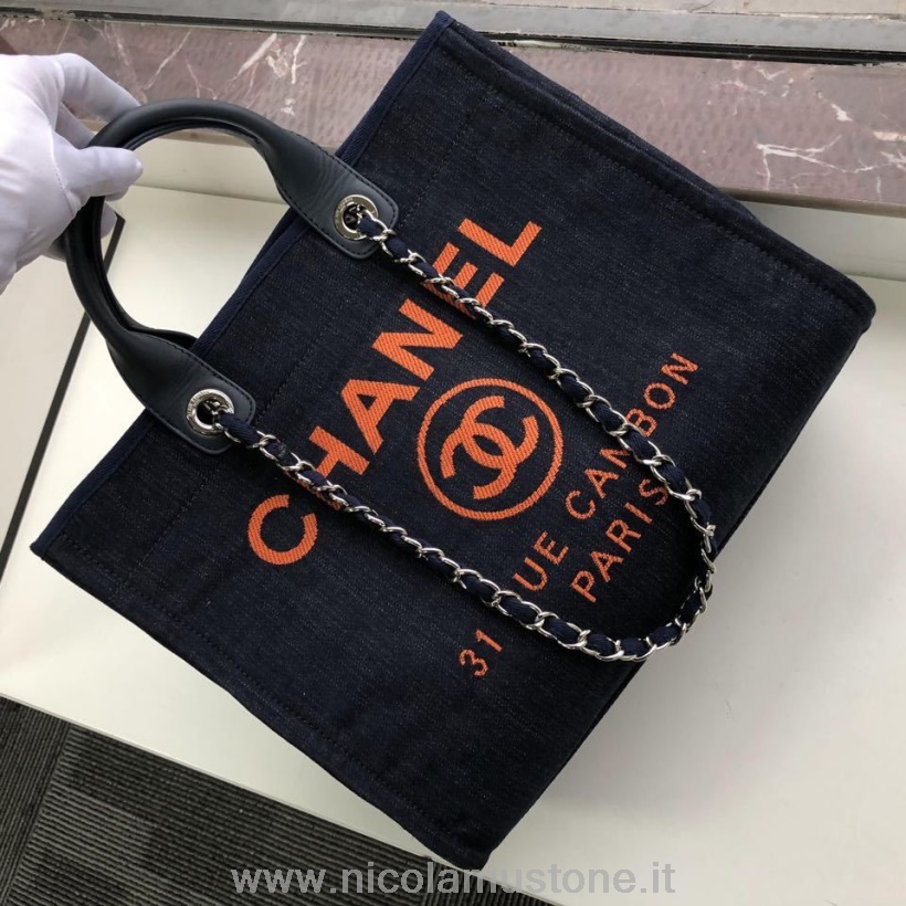 Original Qualität Chanel Deauville Tote 38cm Denim Canvas Tasche Herbst/winter Kollektion 2019 Denim Blau/orange
