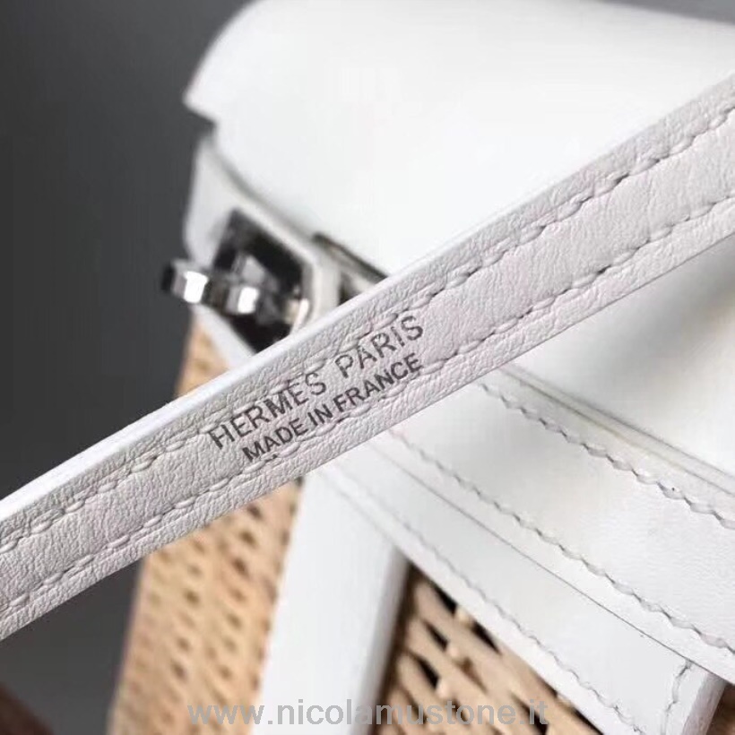 Hermes Mini Kelly Picknicktasche In Originalqualität 25 Cm Weide Und Box Kalbsleder Palladium-Hardware Handgenäht Blanc Ck01