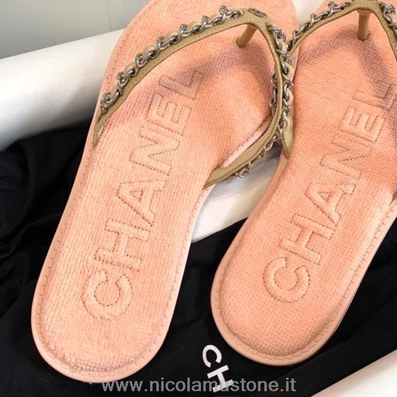 Original Qualität Chanel Denim Gewebte Kette Zehentrenner PVC Sandalen Frühjahr/Sommer 2020 Kollektion Hellrosa