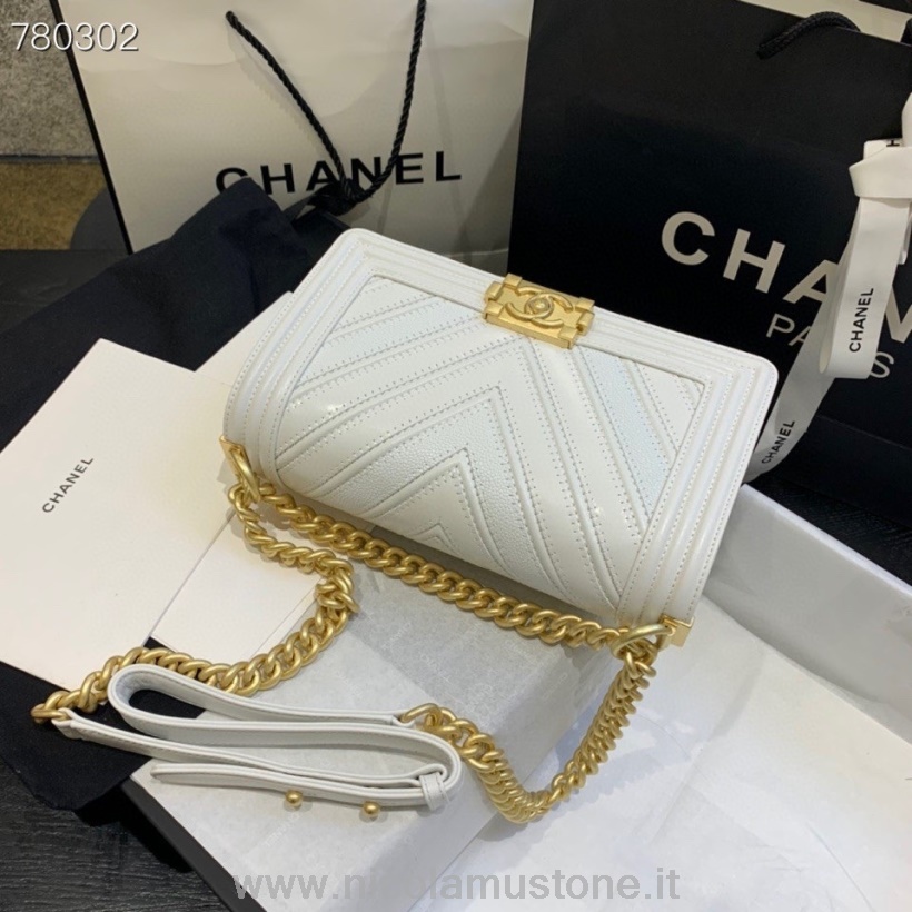 Chanel Jungentasche Mit Zickzacknähten In Originalqualität 25 Cm As67086 Goldene Hardware Kaviarleder Herbst-/Winterkollektion 2021 Weiß