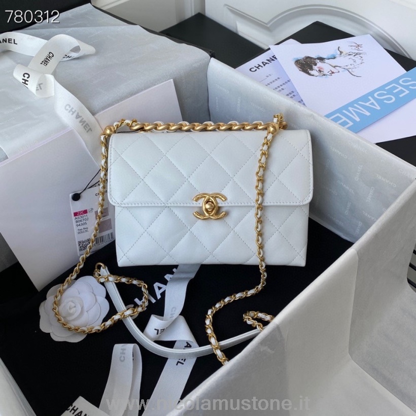 Chanel Überschlagtasche 22 Cm In Originalqualität As3011 Goldene Hardware Kalbsleder Herbst/Winter-Kollektion 2021 Weiß