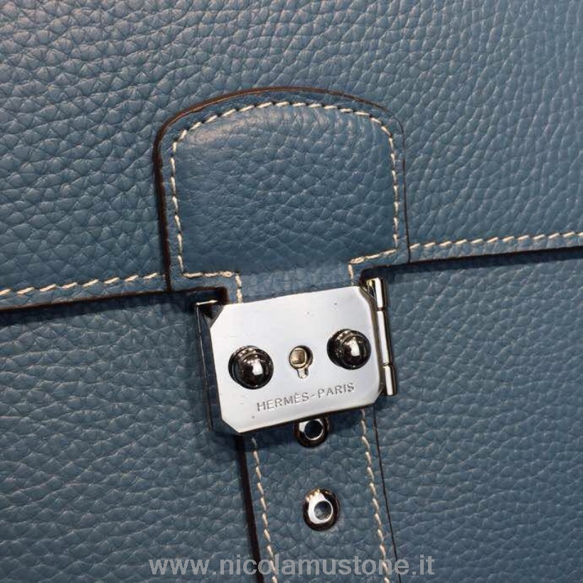 Original Qualität Hermes Sac A Depeche 38cm Aktentasche Business Tasche Togo Kalbsleder Palladium Hardware Handgenäht Blue Jean