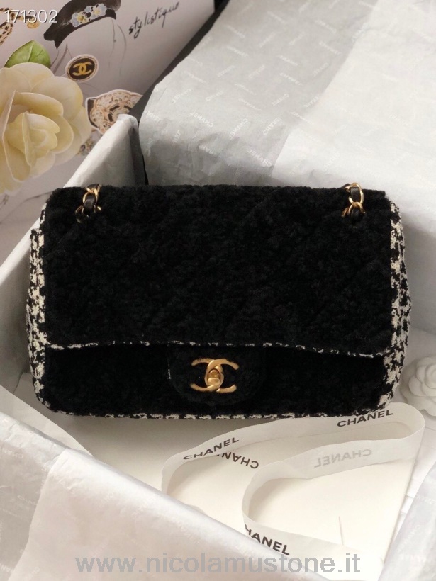 Chanel Gewebte Überschlagtasche In Originaler Qualität 22 Cm Wolle/Baumwolle Gold Hardware Herbst/Winter 2020 Kollektion Schwarz