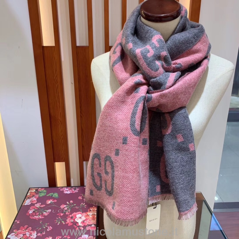 Original Qualität Gucci GGG Jacquard Schal Wolle Seide 180cm Herbst/Winter 2019 Kollektion Pink/Grau