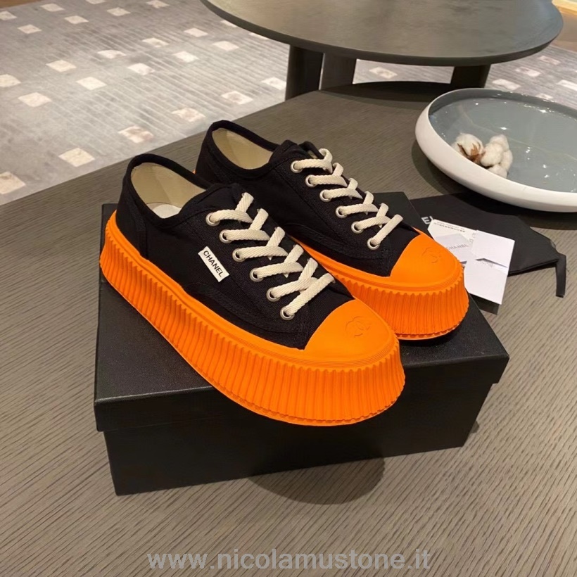 Chanel Canvas Plateau Sneakers Herbst/Winter 2021 Kollektion In Originalqualität Schwarz/Orange