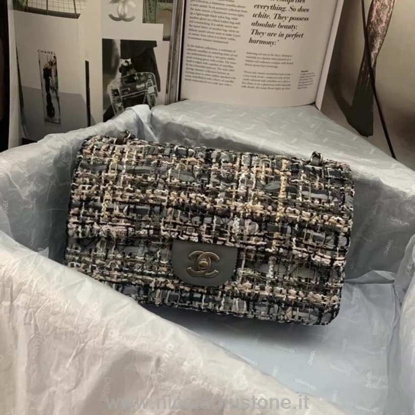 Chanel Mini-Überschlagtasche In Originalqualität 25 Cm Tweed/Lammleder Silber Hardware Cruise Frühjahr/Sommer 2022 Kollektion Schwarz/Weiß/Grau