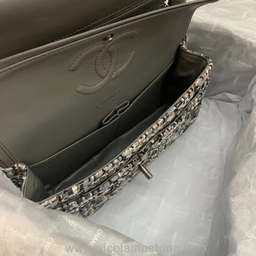 Chanel Mini-Überschlagtasche In Originalqualität 25 Cm Tweed/Lammleder Silber Hardware Cruise Frühjahr/Sommer 2022 Kollektion Schwarz/Weiß/Grau