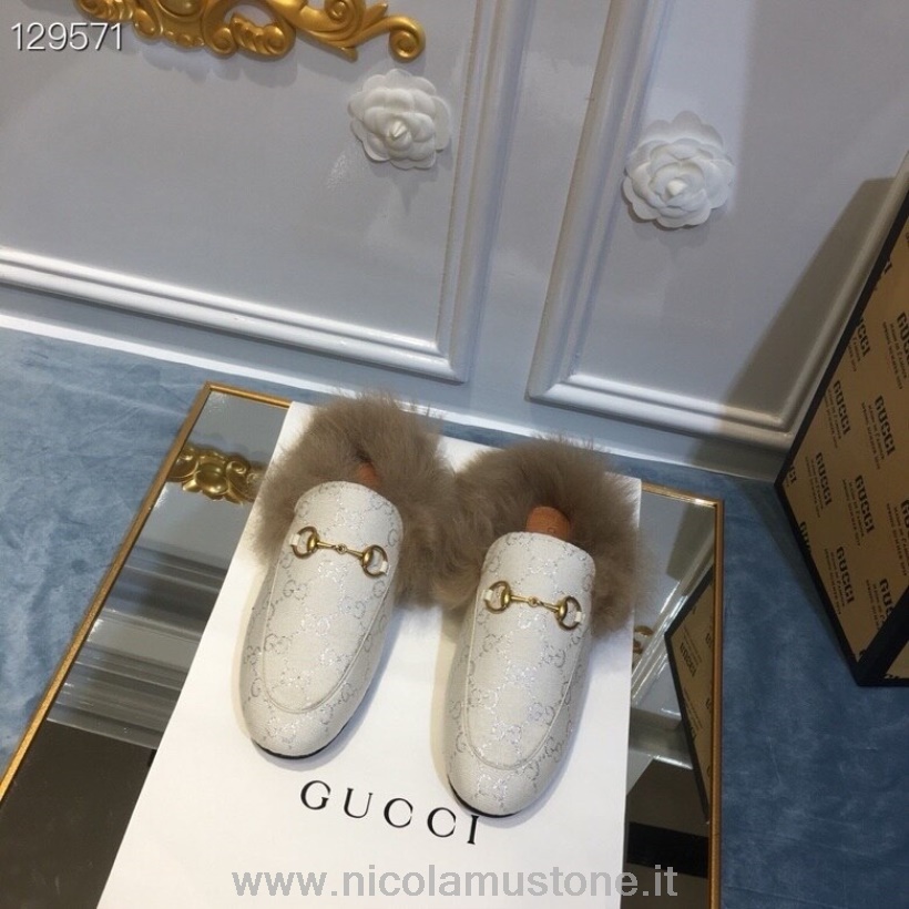 αυθεντική ποιότητα Gucci Princetown γούνα Mules Lame/δέρμα μοσχαριού συλλογή φθινόπωρο/χειμώνας 2020 λευκό