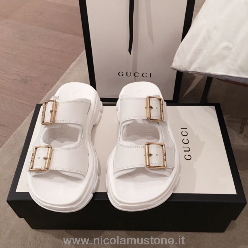 γνήσιας ποιότητας Gucci Aguru ανοιχτά πέδιλα με 2 αγκράφες δέρμα μοσχαριού συλλογή άνοιξη/καλοκαίρι 2020 λευκό