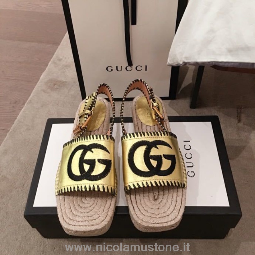 γνήσιας ποιότητας Gucci Pilar τετράγωνα πέδιλα εσπαντρίγγια δέρμα μοσχαριού άνοιξη/καλοκαίρι 2020 συλλογή χρυσό