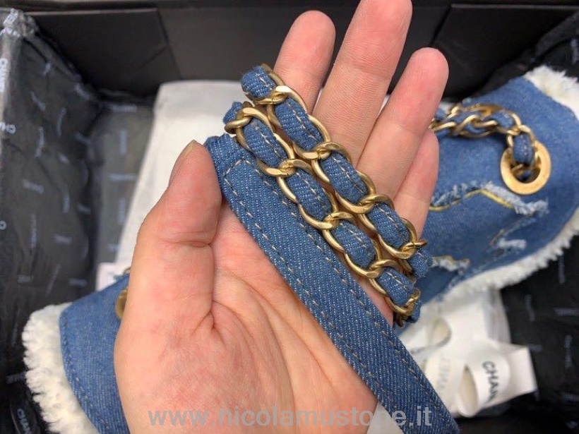γνήσιας ποιότητας Chanel τζιν με πτερύγιο τσάντα 28cm χρυσό υλικό φθινόπωρο/χειμώνας 2019 συλλογή μπλε