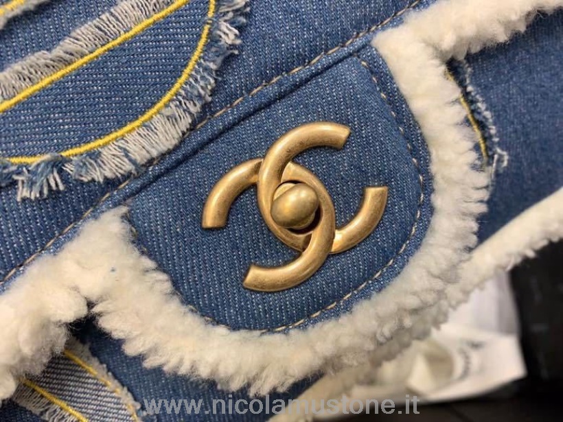 γνήσιας ποιότητας Chanel τζιν με πτερύγιο τσάντα 28cm χρυσό υλικό φθινόπωρο/χειμώνας 2019 συλλογή μπλε