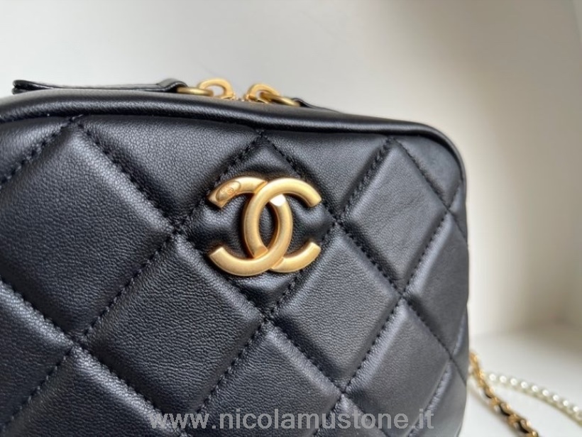 γνήσιας ποιότητας κάμερα Chanel μαργαριτάρι διακοσμημένη τσάντα 18cm Ap2856 δέρμα αρνιού χρυσό υλικό συλλογή άνοιξη/καλοκαίρι 2022 μαύρο