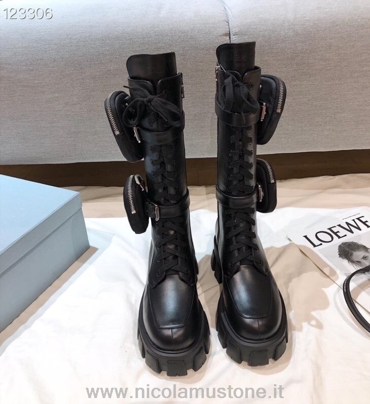 γνήσιας ποιότητας Prada Monolith ψηλές μπότες με γόνατο ματ δερμάτινο δέρμα μοσχαριού συλλογή φθινόπωρο/χειμώνας 2020 μαύρο