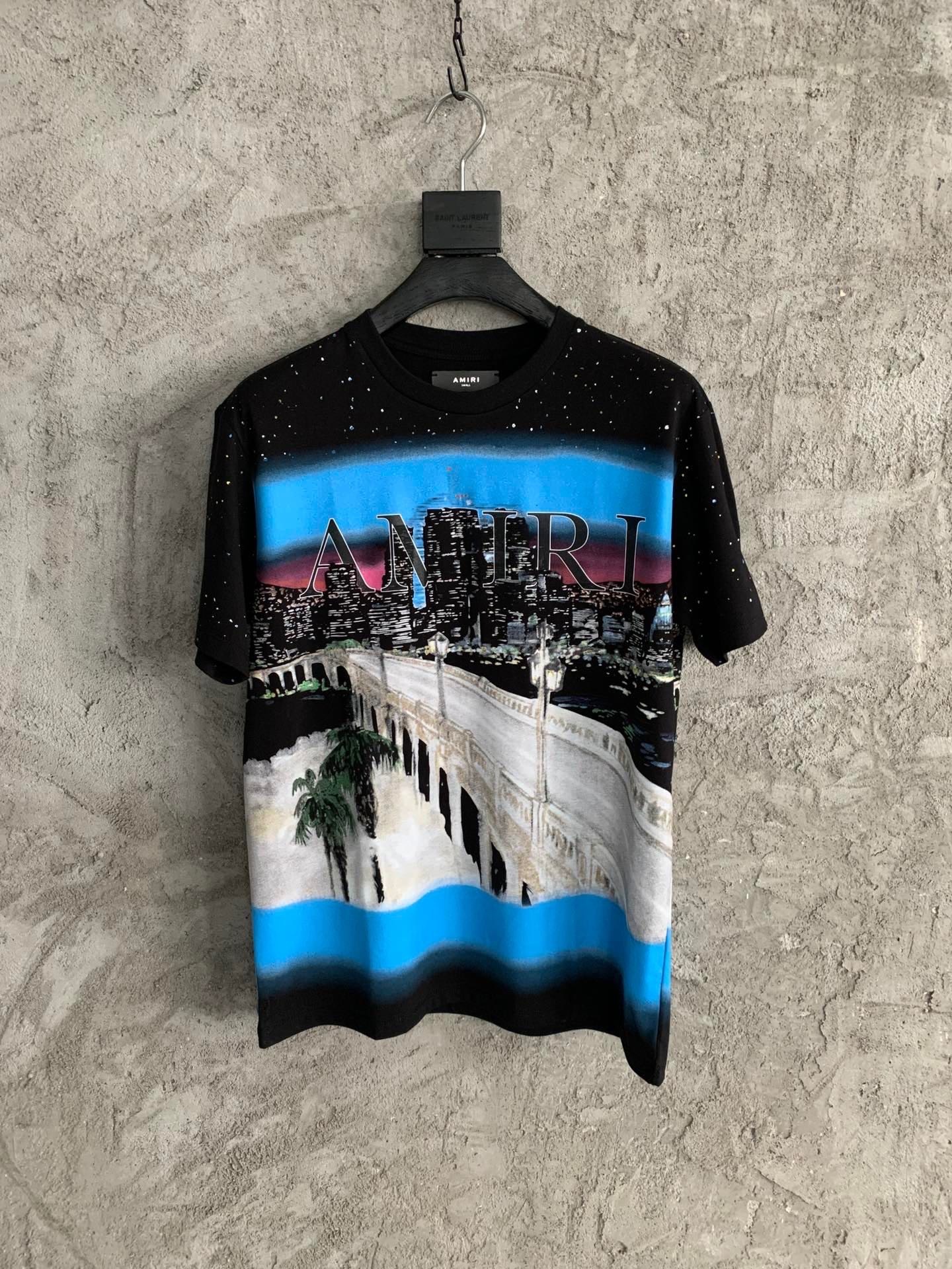 γνήσιας ποιότητας Amiri βαμμένη πόλη υπερμεγέθη μπλουζάκι άνοιξη/καλοκαίρι 2022 συλλογή μαύρο