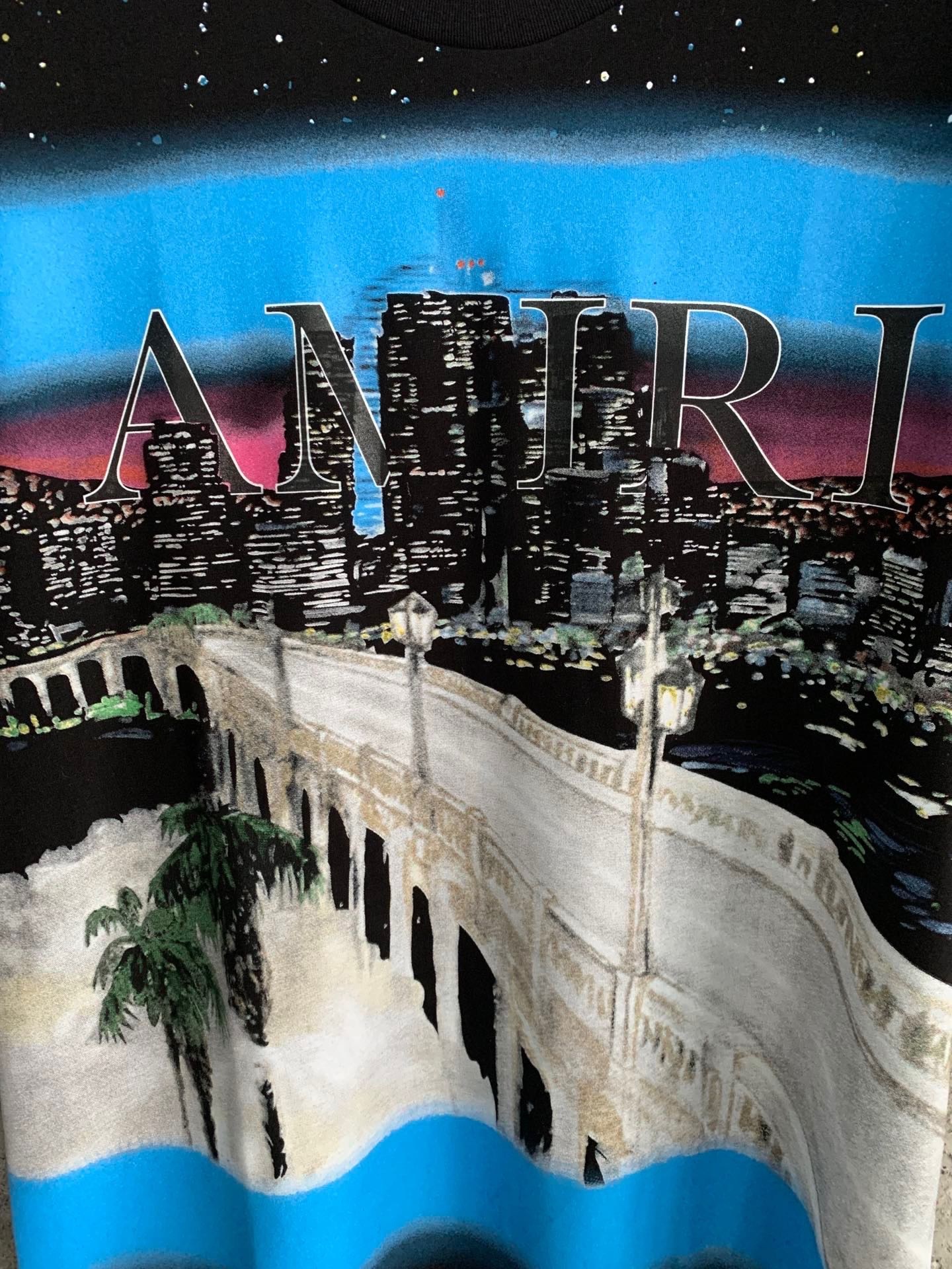 γνήσιας ποιότητας Amiri βαμμένη πόλη υπερμεγέθη μπλουζάκι άνοιξη/καλοκαίρι 2022 συλλογή μαύρο