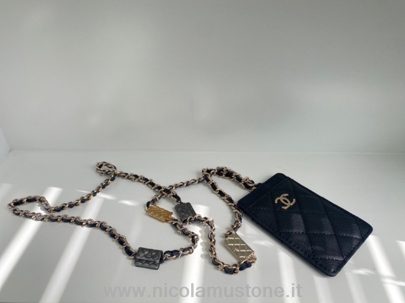 γνήσια ποιοτική θήκη καρτών Chanel πουγκί αλυσίδα γούρι 12cm A81162 δέρμα μοσχαριού με κόκκους χρυσό υλικό συλλογή άνοιξη/καλοκαίρι 2022 μαύρο