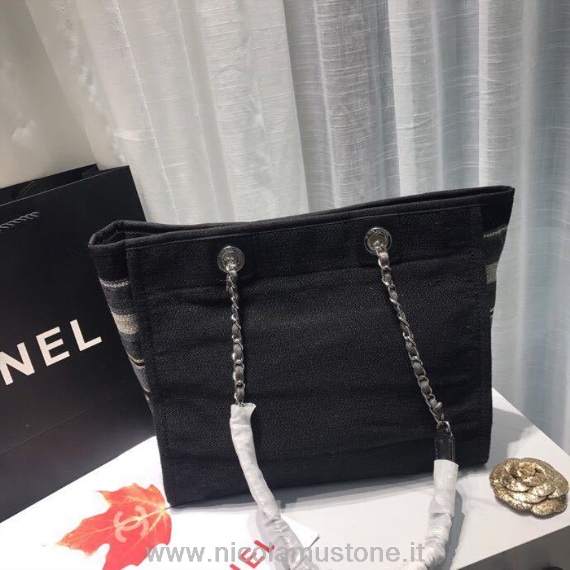 Πρωτότυπος ποιότητας Chanel Deauville Tote 34cm πάνινη τσάντα άνοιξη/καλοκαίρι 2019 συλλογή μαύρο τζιν/λευκό/multi