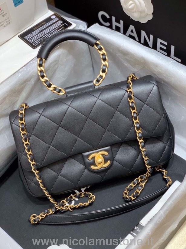 αρχικής ποιότητας Chanel κυκλική τσάντα λαβής 24cm δέρμα αρνιού άνοιξη/καλοκαίρι 2020 πράξη 1 συλλογή μαύρο