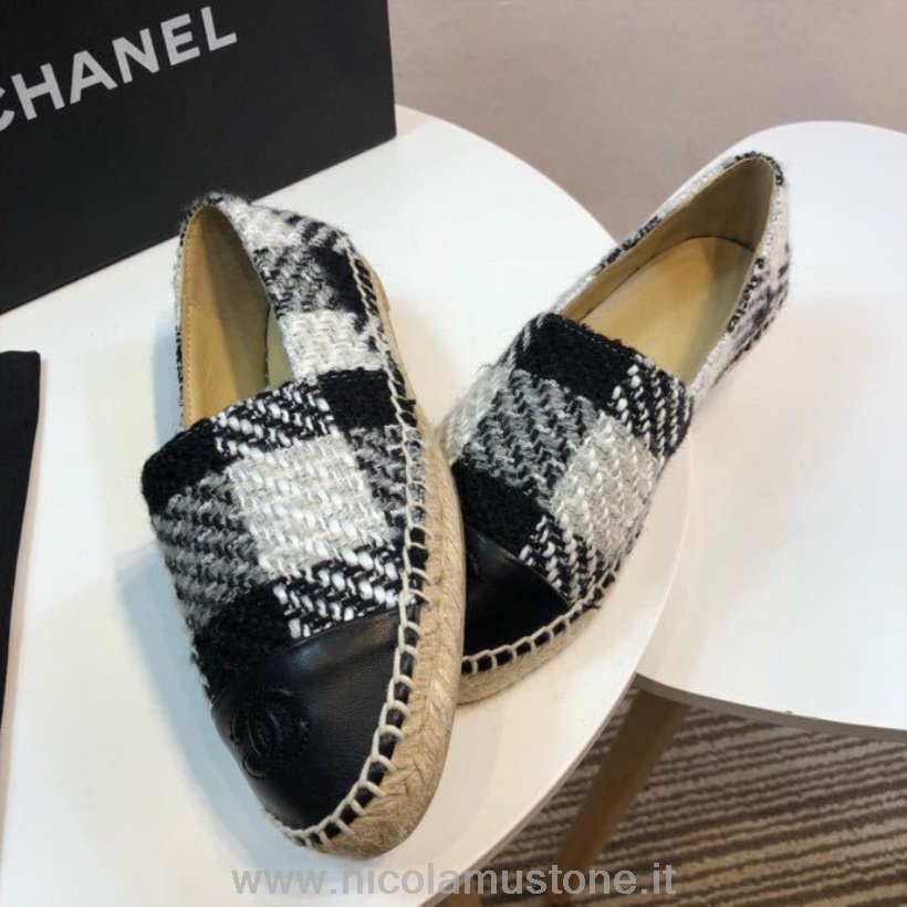 αυθεντικής ποιότητας Chanel τουίντ καρό και εσπαντρίγιες μύτες από δέρμα αρνιού συλλογή άνοιξη/καλοκαίρι 2017 Act 2 μαύρο/λευκό