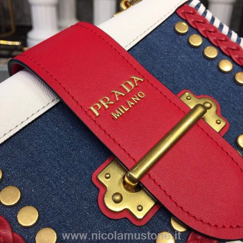 γνήσιας ποιότητας Prada Cahier τσάντα 20cm 1bd045 τζιν/δέρμα μοσχαριού συλλογή άνοιξη/καλοκαίρι 2018 λευκό/κόκκινο