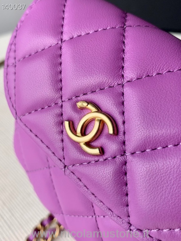 αυθεντική ποιοτική μίνι τσάντα μέσης Chanel με αλυσίδα γούρι 10cm δέρμα αρνιού χρυσό υλικό συλλογή φθινόπωρο/χειμώνας 2020 μωβ