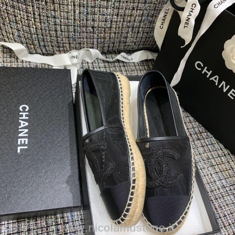 αρχικής ποιότητας Chanel Cc λογότυπο δικτυωτό γκρο διάφανο εσπαντρίγιες δέρμα αρνιού άνοιξη/καλοκαίρι 2019 πράξη 1 συλλογή μαύρο