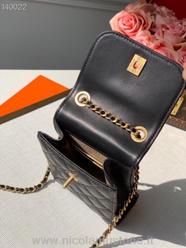γνήσιας ποιότητας Chanel τσάντα θήκης τηλεφώνου με αλυσίδα γούρι με λεπτομέρειες Cc σε λουράκι τσάντα 18cm χρυσό δέρμα αρνιού δερμάτινη συλλογή άνοιξη/καλοκαίρι 2020 μαύρο