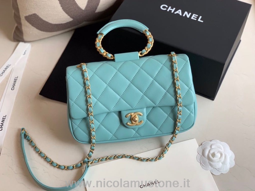 αρχικής ποιότητας Chanel κυκλική τσάντα λαβής 20cm δέρμα αρνιού άνοιξη/καλοκαίρι 2020 Act 1 συλλογή τιρκουάζ