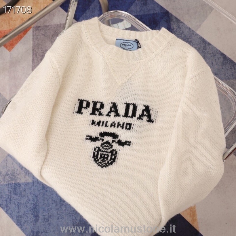 γνήσιας ποιότητας Prada Intarsia πλεκτό λογότυπο πουλόβερ πουλόβερ φθινόπωρο/χειμώνας 2020 συλλογή λευκό