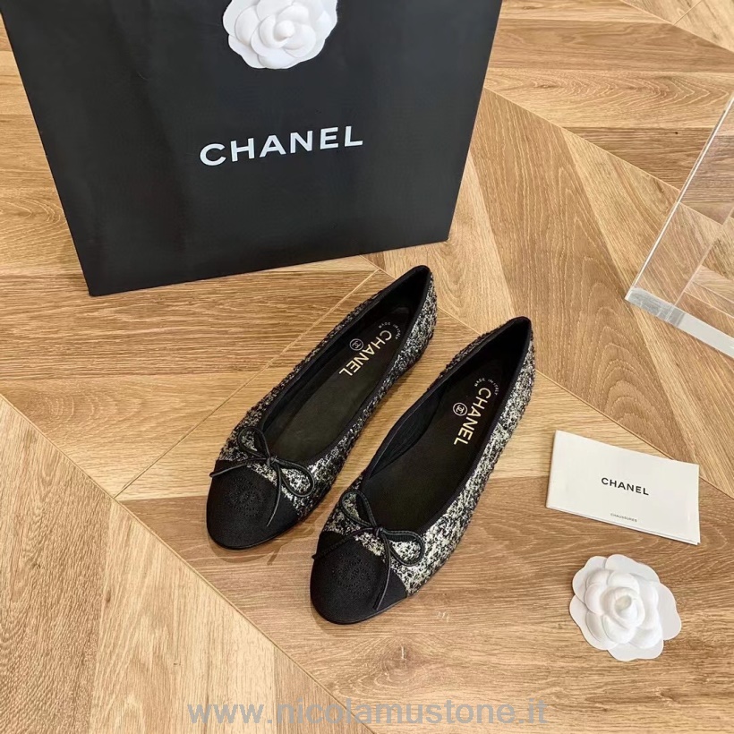 αυθεντικά φλατ μπαλαρίνα Chanel τουίντ/δέρμα αρνιού συλλογή άνοιξη/καλοκαίρι 2021 χρυσό/μαύρο