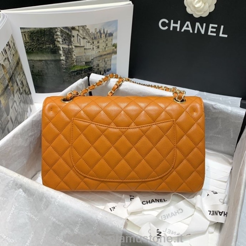 γνήσιας ποιότητας Chanel Classic Flap τσάντα 25cm με κόκκους δέρμα μοσχαριού χρυσό υλικό κρουαζέ συλλογή άνοιξη/καλοκαίρι 2022 πορτοκαλί