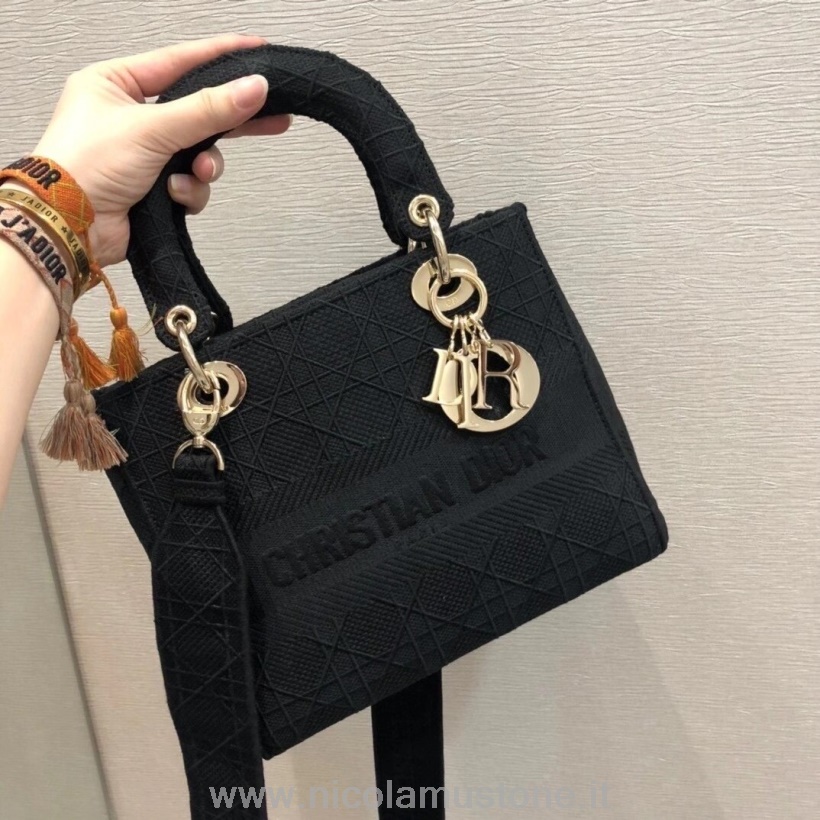 γνήσιας ποιότητας Christian Dior D-lite Lady Dior τσάντα 24cm κεντημένος καμβάς σε χρυσό υλικό συλλογή φθινόπωρο/χειμώνας 2020 μαύρο