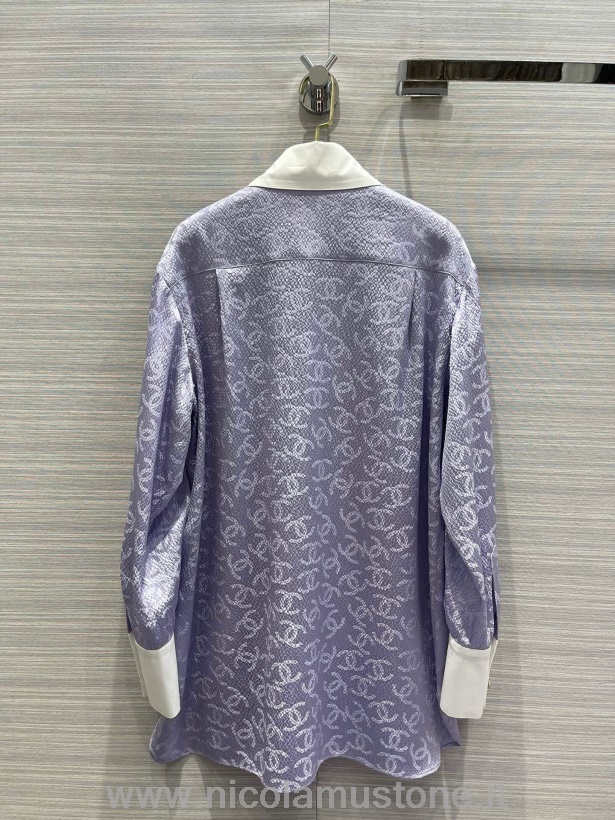 Γνήσιας ποιότητας Chanel Cc λογότυπο με κεντημένο κουμπί επάνω φόρεμα πουκάμισο από μετάξι φθινόπωρο/χειμώνα 2021 συλλογή μπλε