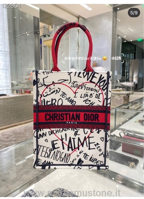 γνήσιας ποιότητας Christian Dioramour Dior κάθετη τσάντα Tote Book 20cm κεντημένος καμβάς συλλογή φθινόπωρο/χειμώνας 2020 κόκκινο/λευκό