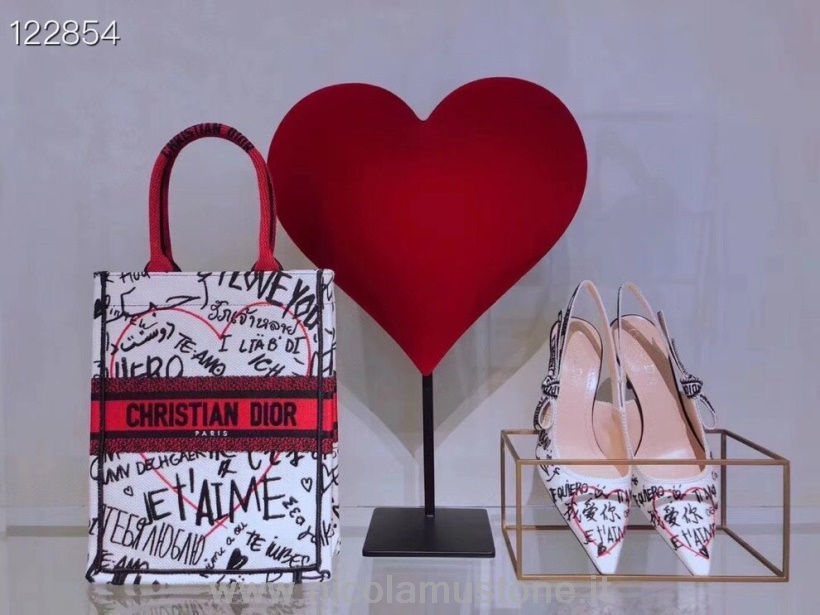 γνήσιας ποιότητας Christian Dioramour Dior κάθετη τσάντα Tote Book 20cm κεντημένος καμβάς συλλογή φθινόπωρο/χειμώνας 2020 κόκκινο/λευκό