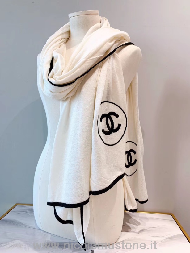 αρχικής ποιότητας Chanel Cc Logo κασμίρ κασκόλ 200cm συλλογή φθινόπωρο/χειμώνας 2019 λευκό/μαύρο