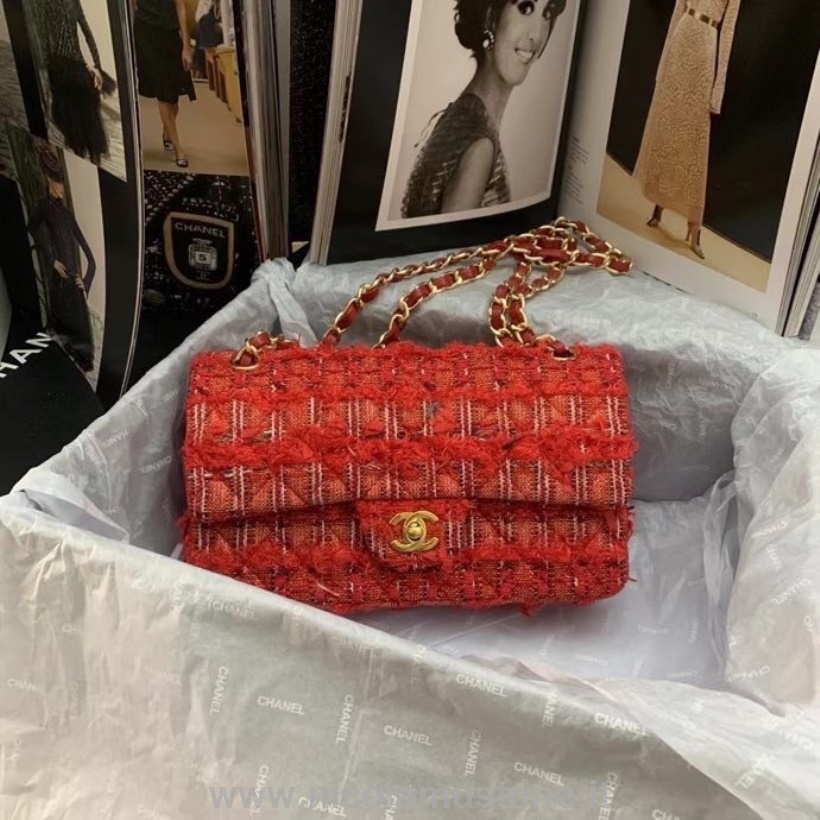 αρχικής ποιότητας Chanel Mini Flap τσάντα 25cm δέρμα τουίντ/δέρμα αρνιού ασημί υλικό κρουαζέ συλλογή άνοιξη/καλοκαίρι 2022 κόκκινο/λευκό